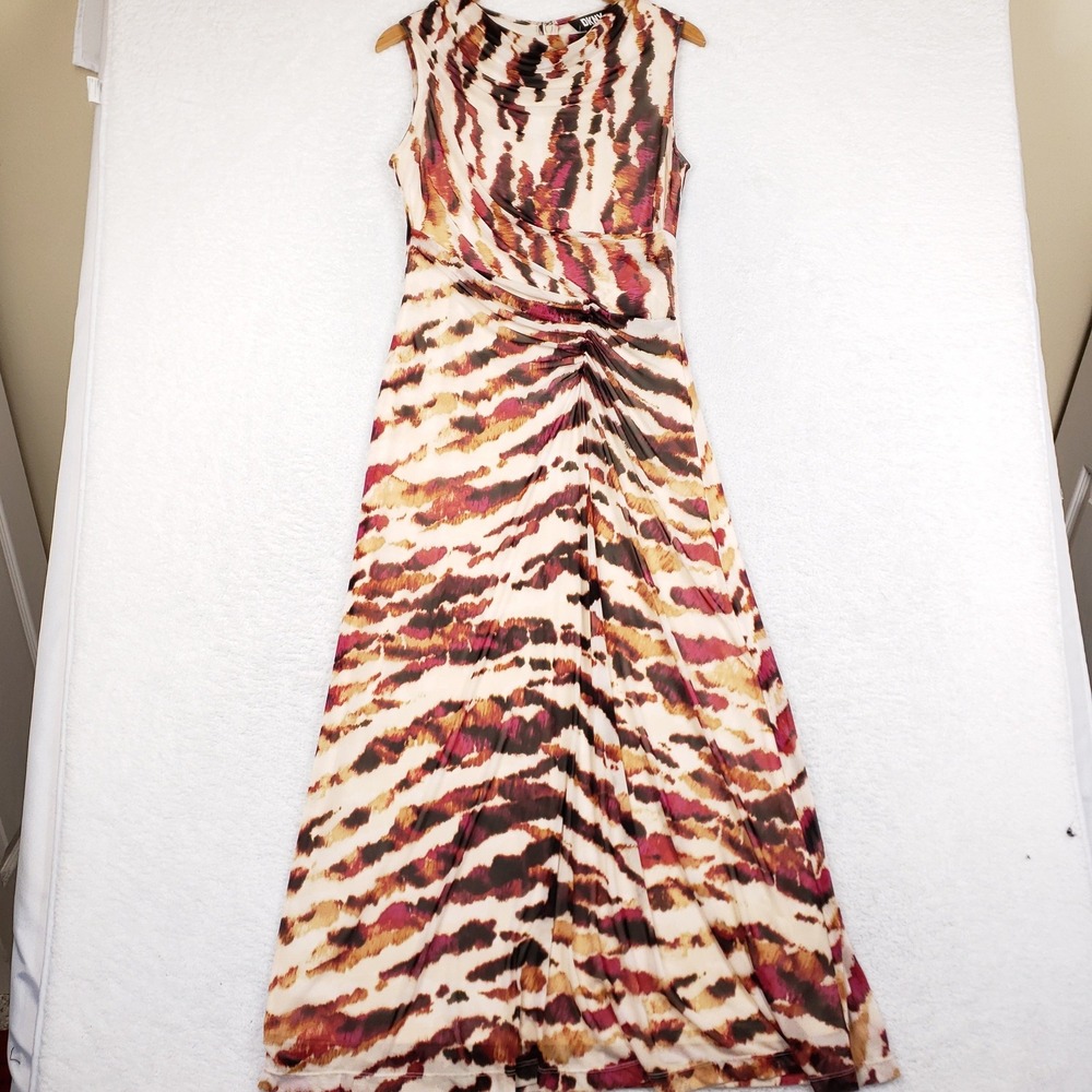 DKNY Sleeveless Cowl Neck Ruched Mesh Maxi Dress Abstract Animal Print Size 8
